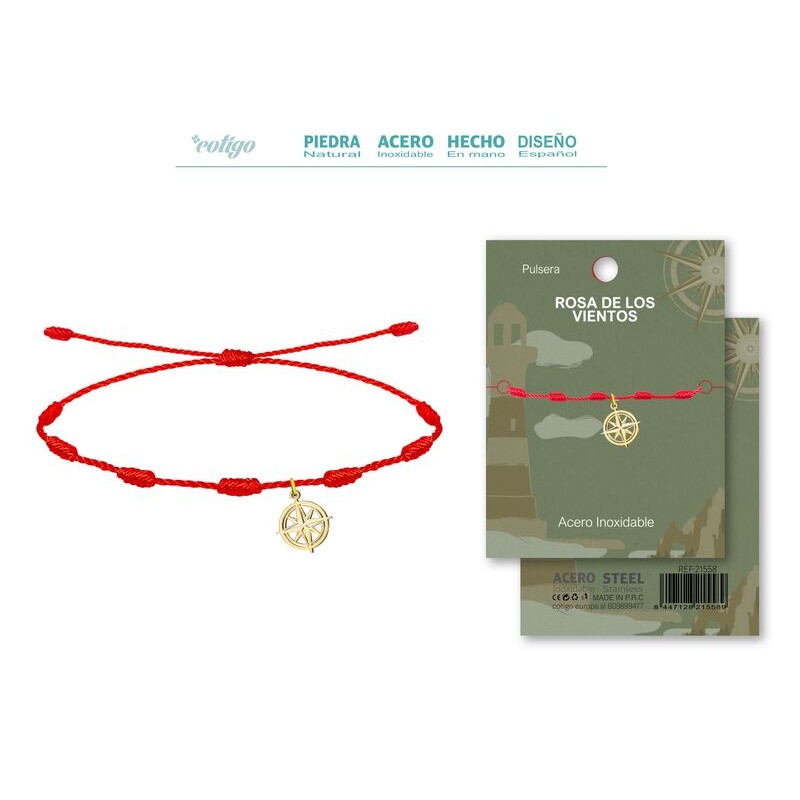 Pulsera 7 Nudos con Colgante Rosa De Los Vientos en Acero Dorado